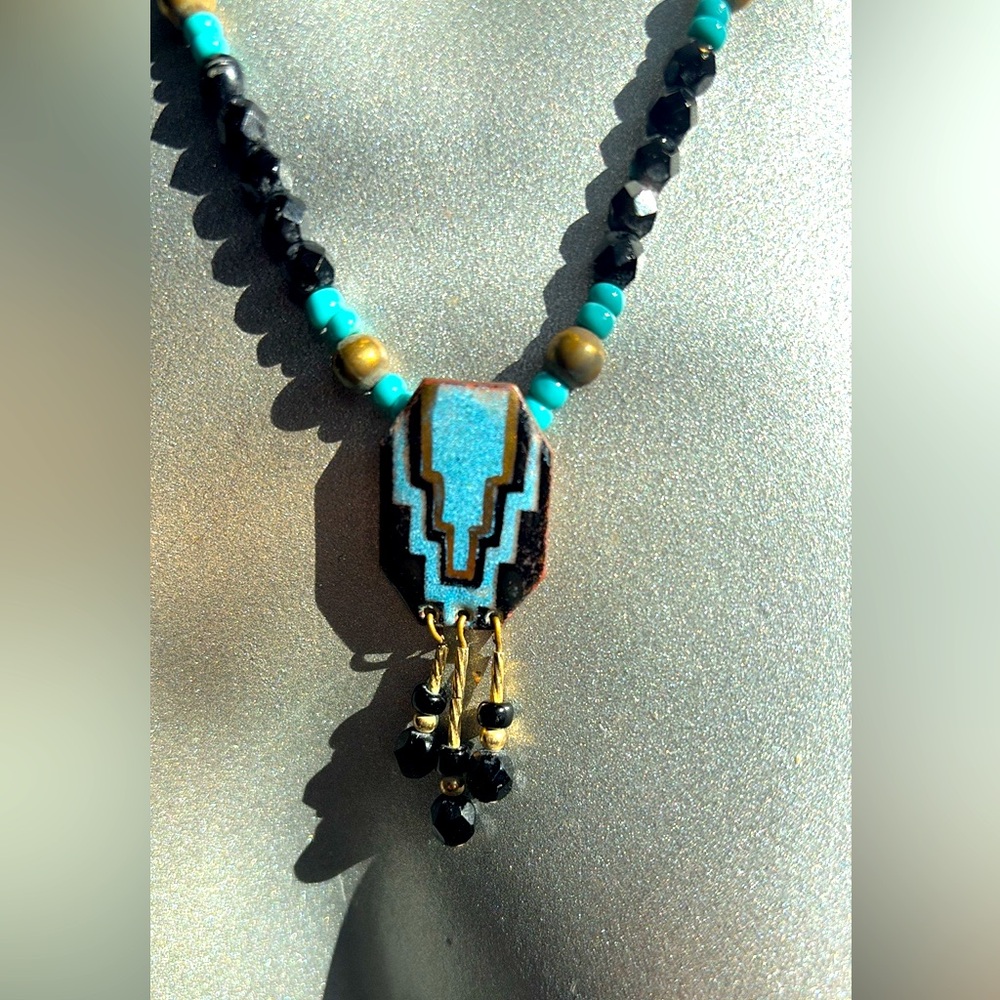 Vintage Zuni Inlaid Copper Turquoise and Onyx Necklace